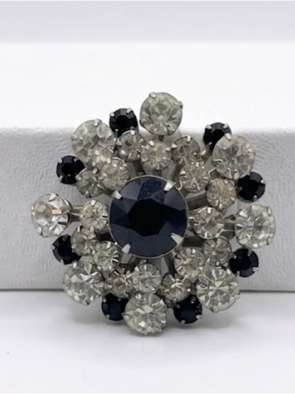 Vintage Mid-Century Silver-Tone Rhinestone and Black Gemstone Cluster Brooch